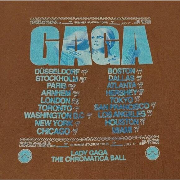 Y2K Lady Gaga Chromatica Ball Tour Summer 2022 Graphic T-Shirt Brown Size Medium - Picture 4 of 5